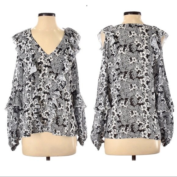 Parker Top Cold Shoulder Ruffle Trim V-Neck Black Floral Print S - Picture 1 of 5